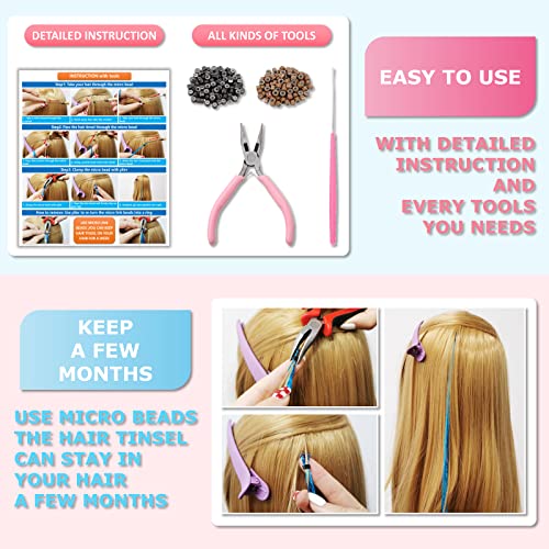 Rose Red Hair Tinsel Kit with Tools - 1200 Strands, 48 Inches