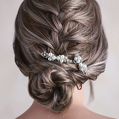Wedding Pearl Hair Comb Set - Bride Rhinestone Headpiece (2 Pack)