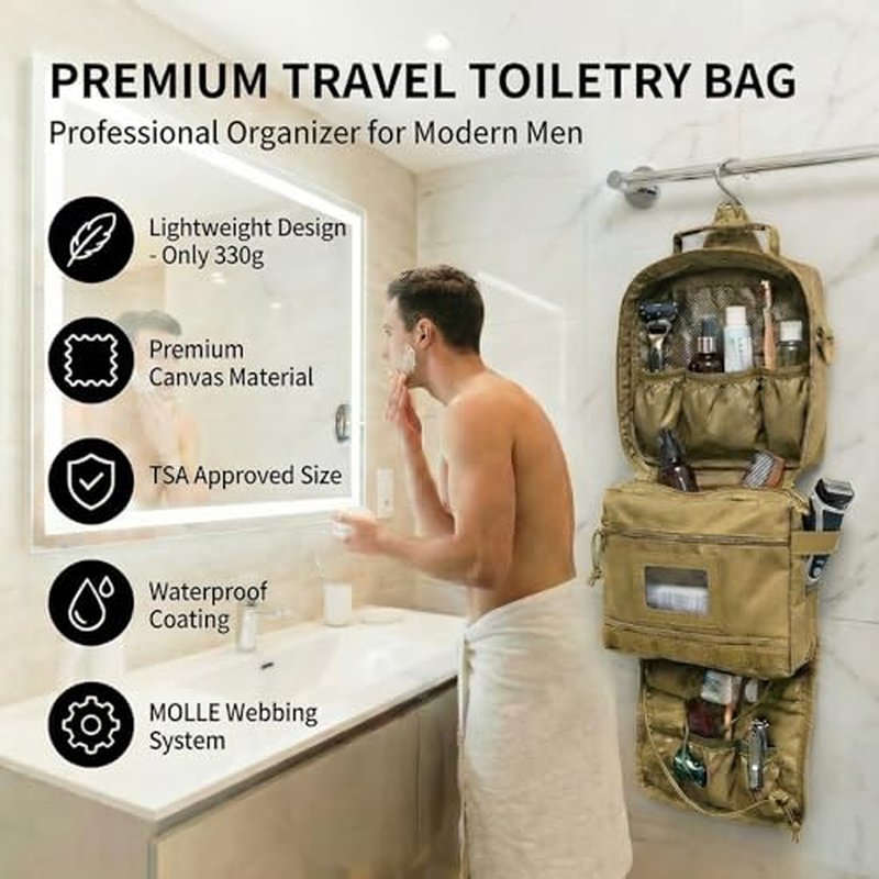Men's Tactical Toiletry Bag - Lightweight Travel Dopp Kit, Khaki