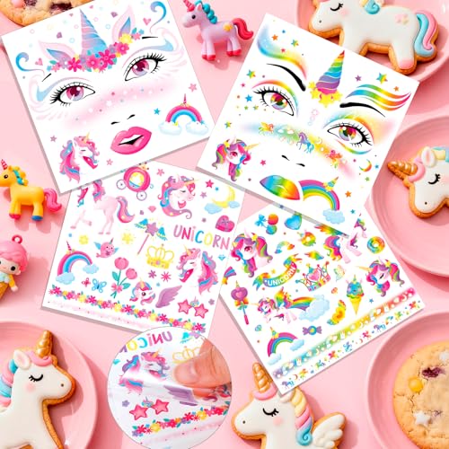 HOWAF Unicorn Face Tattoos - 4 Sheet Set, Waterproof Halloween