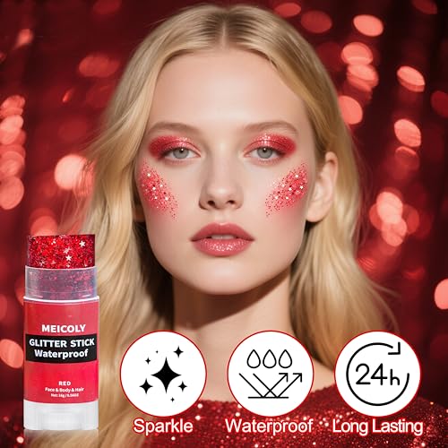 MEICOLY Red Hair Glitter Stick for Face Body & Hair Makeup, Waterproof Shimmer
