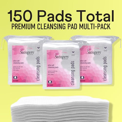 Swisspers Premium Facial Cleansing Pad, 100% Cotton, Ultra Soft, Extra Large, 50 White Pads per Reclosable Bag, 3 Bags (150 Pads Total)