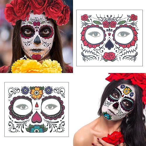 Day of the Dead Face Tattoos, 8 Sheets Sugar Skull Temporary