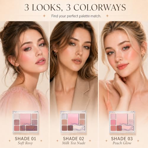 MOOMARTO All-in-One Makeup Palette with Eyeshadow, Blush & Contour - Soft Rosy