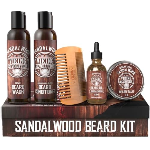 Viking Revolution Ultimate Conditioner for Men's Beard Grooming - Softens, Smoothes and Soothes Beard Itch- Contains Wash, Conditioner, Oil, Balm and Comb- Sandalwood Scent