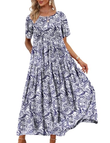 YESNO Women Casual Loose Bohemian Floral Dress with Pockets Short Sleeve Long Maxi Summer Beach Swing Dress S EJF CR148