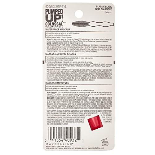 Maybelline New York Volum' Express Pumped Up! Colossal Waterproof Mascara, Classic Black, 0.32 Fl Oz, (K1569200)
