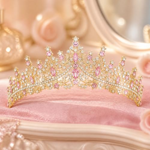 Gold Pink Rhinestone Crown Tiara for Women Wedding