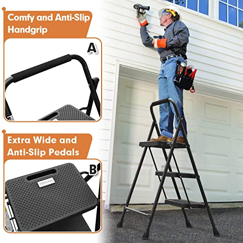 HBTower 3 Step Ladder, Folding Step Stool with Wide Anti-Slip Pedal, 500lbs Sturdy Steel Ladder, Convenient Handgrip, Lightweight, Portable Steel Step Stool, Black