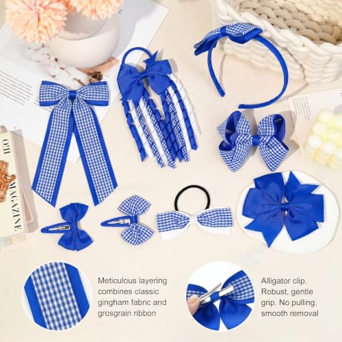 DEEKA 13-Piece Royal Blue Gingham Hair Accessories Set for Girls