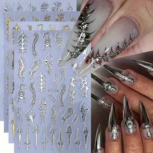 4 Sheets Goth Nail Stickers for Nail Art 3D Punk Style Black Belt Nail Art Stickers Gold Silver Flame Lines Nail Decals Self-Adhesive Centipede Thorn Vine Curves, Swords, Scorpion Patterns for Women
