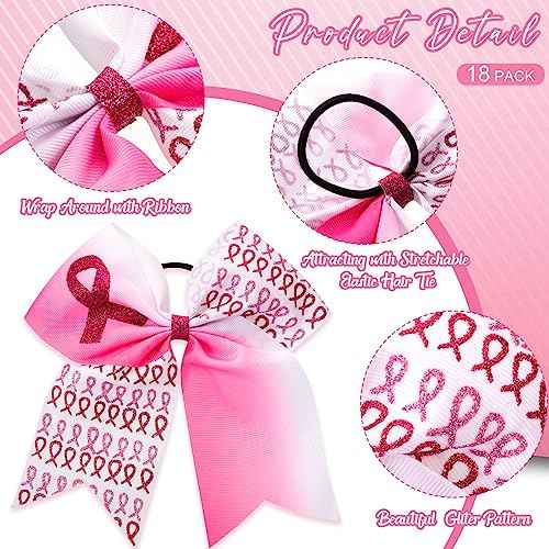 Retrowavy 18 Pcs 7 Inch Breast Cancer Awareness Cheer Bows Pink Ribbon Hair Bows Accessories Hair Tie Ponytail Holder Elastic Band for Teens Women Cheerleader Public Charity(Ribbon)