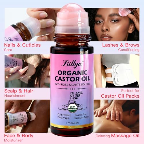 Organic Castor Oil Roll On with Rose Quartz Roller, Cold Pressed 1.7oz