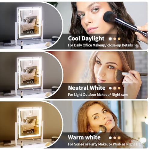 LED Vanity Mirror with Lights, Makeup Mirror with 3 Color Modes, Smart Touch Control, 360¡Æ Rotation for Desk,13.2" L x 11.2" W