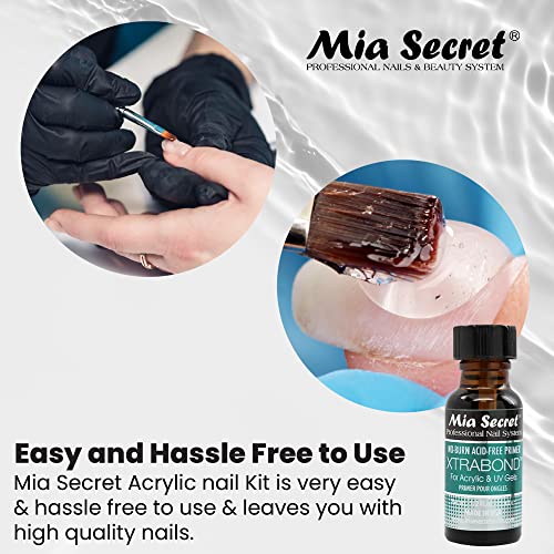 Mia Secret Acrylic Nail Kit: 1/2 oz liquid monomer, 1/2 oz clear acrylic powder, ultra quick nail glue, 1/2 oz ultra gloss top coat, fancy 20 nail tips, 1/2 oz primer, speedy zebra straight nail file 100/100, #8 nail brush and emery block