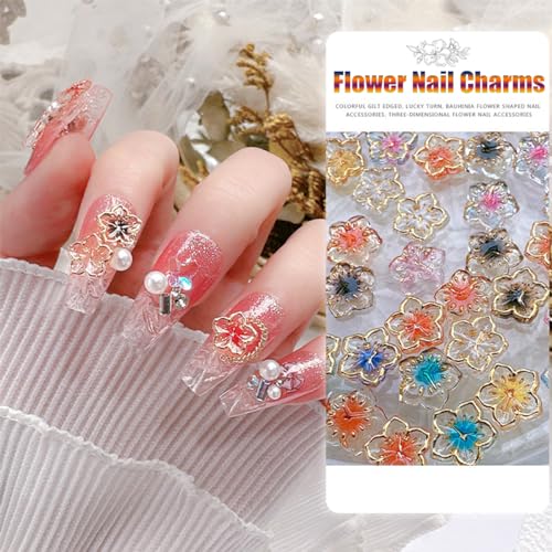 50Pcs Flower Nail Charms 3D Lovely Flower Charms Nail Rhinestones Gold Edge Glaze Design Resin Nail Jewels Colorful Floral Nail Art Charms Supplies Cherry Blossom Petals Nail Gems for Acrylic Nails