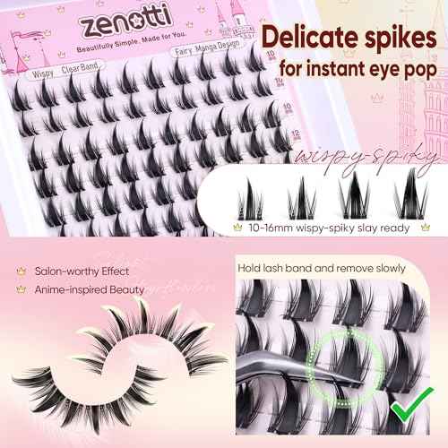 Manga Lash Clusters with Spikes Anime Lashes Cluster Natural Cluster Eyelash Extensions Wispy Spiky Fairy Individual Lashes Invisible Clear Band DIY Lash Extensions 10-16MM 120PCS by zenotti