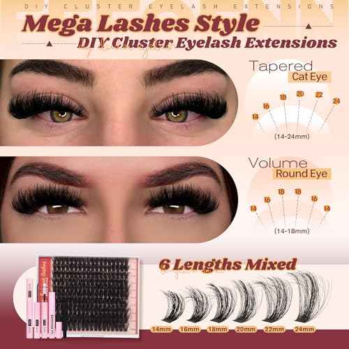 Fluffy Lash Clusters Kit Dramatic 270D Cluster Eyelash Extensions Kit 14-24mm Long Eyelash Clusters Kit Thick Volume Individual Lashes Bond and Seal Remover Tweezers Mega Lash Extension Kit by Eefofnn