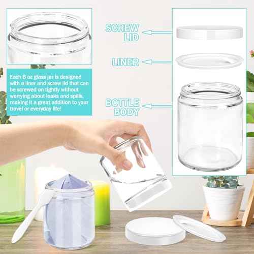 MotBach 2 Pack 8oz Glass Jars with Lids, Round Glass Jars with Spatulas, Inner Liners and White Lids, Empty Cosmetic Containers Travel Toiletries Container for Lotion, Cream, Makeup, Cosmetic, Slime