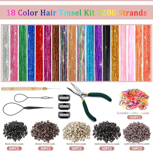 Hair Tinsel Kit with 18 Colors & Tools for Easy Hair Extensions