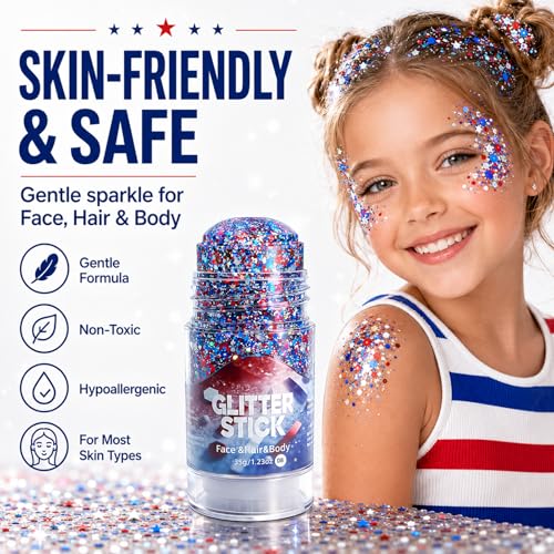Go Ho Hexagon 1.23oz 4th of July Glitter Stick – Red White Blue Face Hair Body