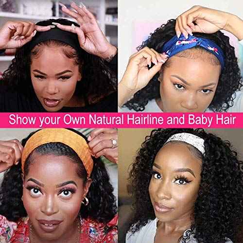 mengkai 18 Inch Headband Wig Human Hair Curly Headband Wigs Human Hair Glueless Wigs Human Hair Pre Plucked None Lace Front Wigs Human Hair With Headband Attached Headband Wig Curly Machine Made