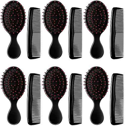 12 Pack Wet Small Hair Brush Combs Set, 6 Detangler Mini Brush Detangling Travel Hair Brush 6 Plastic Fine Wide Combs for Women Men Kids Toddler Girls Baby(Black)