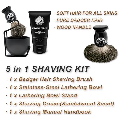 5 in 1 Shaving Kit for Wet Shave, Set Includes Hand Crafted Pure Badger Shave Brush, Stainless Steel Lathering Soap Bowl, Shave Brush Stand, Shaving Cream, Best Gift for Bearded Man, Deluxe Black