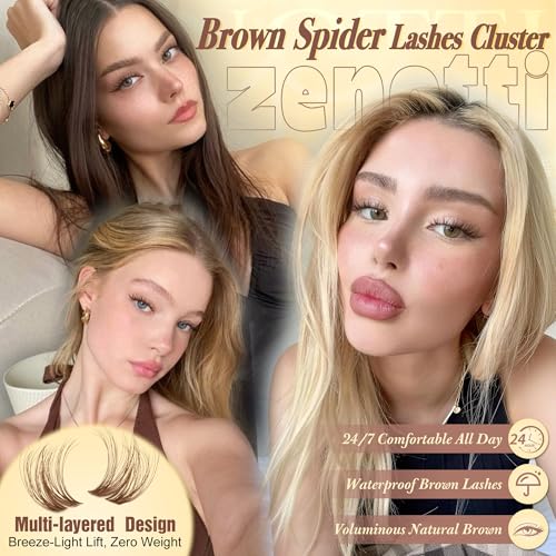Zenotti D-Brown Wispy Spider Breeze Lash Clusters - Natural Brown, 8-16mm, Invisible Band, Fluffy Curly Eyelash Extensions