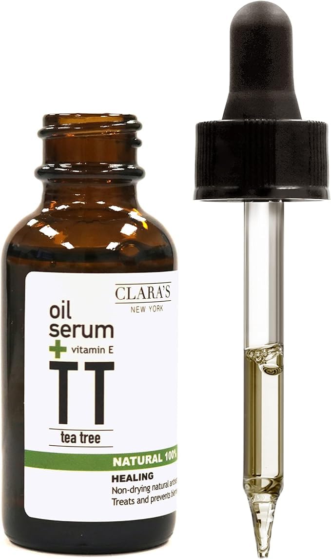 Clara's New York 100% Natural Tea Tree Facial Oil Serum with Vitamin E for Clearing Acne, Breakout, Pimple and Calming Redness, Blemish-Prone, Scars - 30ml /1Fl oz - Made In USA