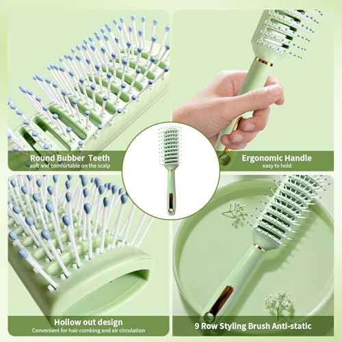 11PCS Hair Brush Set, Round Brush and Paddle Hair Brush Great on Wet Long Thick Hair, Detangling Brush and Spray Bottle for Wavy Curly Hair Green
