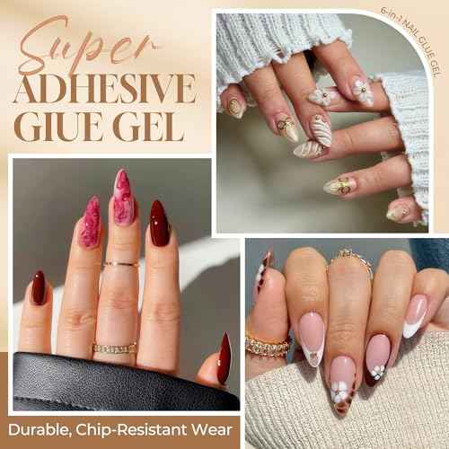 UNA GELLA 6 in 1 Gel Nail Glue for Acrylic Nails Tips 2 Pcs 10ml Super Strong Nail Glue Long Lasting Brush On Nail G el Glue Curing Needed U V for Base Coat, Soft Gel Nail Tips, Clear Press on Nails