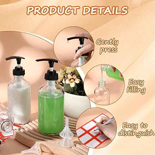 Tanlade 24 Pcs 8 oz Glass Pump Bottle Empty Bottle Glass Soap Dispenser with Pump Refillable Containers and Labels Funnels for Essential Oils Cleaning Products Lotions Conditioner(Clear)