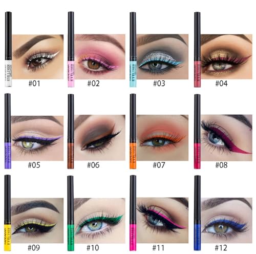 MAEPEOR 12 Color Matte Liquid Eyeliner Set Smooth Pigmented Colorful Eyeliner Line Pen Waterproof Smudgeproof Long Lasting Eyeliner Eyeliner Eye Makeup Gift Kit for Women and Girls (Set 01)