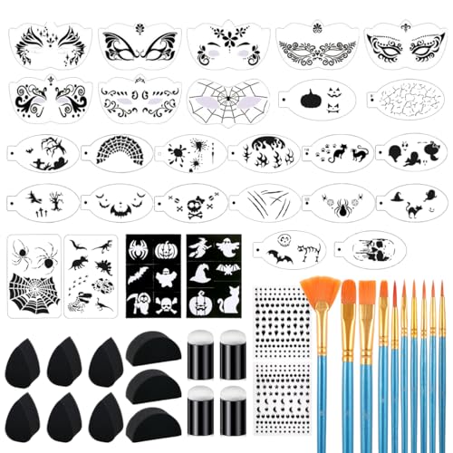 Face Paint Stencils & Brushes Set - 26 Stencils, 10 Brushes, 13 Sponges