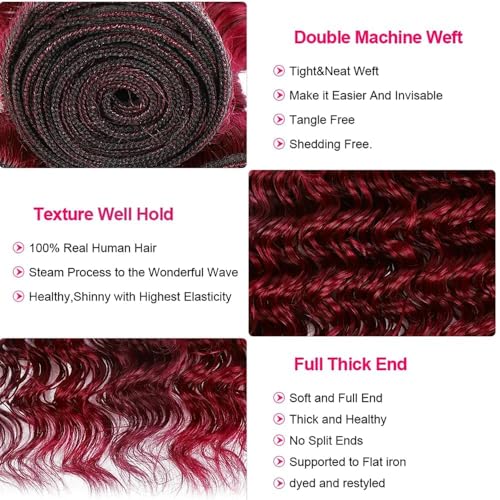 Freiuoke Burgundy Deep Wave Human Hair Bundles 150g 3-Pack #G99J Wine Red 16 18 20 Inch