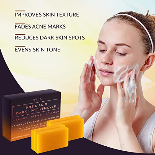 Valitic 4 Pack Kojic Acid Dark Spot Corrector Soap Bars with Vitamin C, Retinol, Collagen, Turmeric - Original Japanese Complex with Hyaluronic Acid & A Pair of Black Exfoliating Gloves for Body Scrub