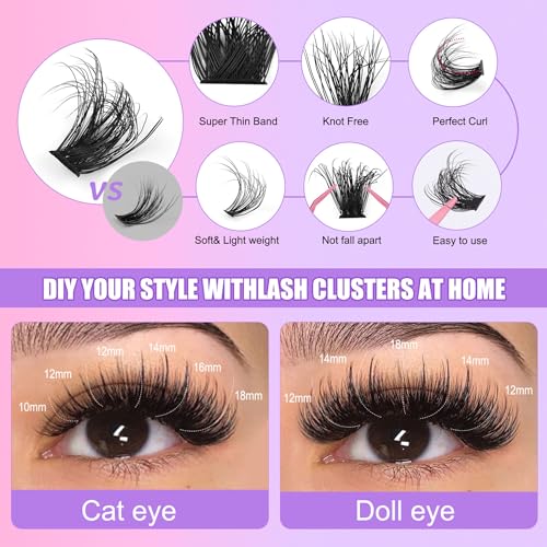 280 Pcs DIY Eyelash Clusters,10-18 mm Cluster Eyelash Kit Thick Eyelash Extension Kit with Lash Bond and Seal Lash Tweezers Individual Lashes For Beginners (Pink)