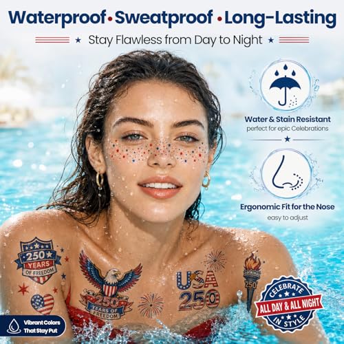 Patriotic Temporary Tattoos Set 106 Pcs with Face Glitter