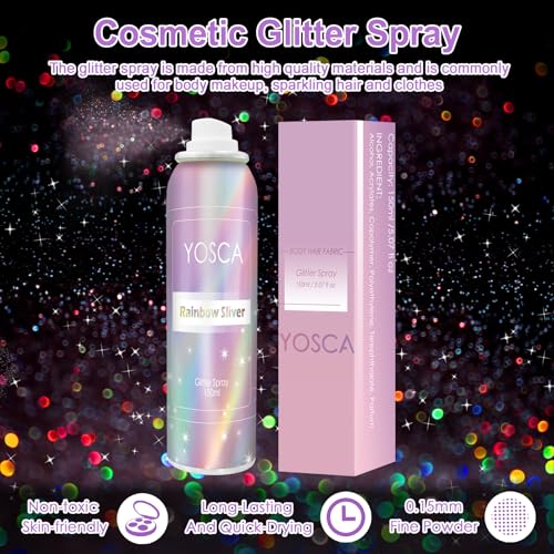 YOSCA Body Glitter Spray, 150ML Holographic Glitter Hairspray, Shiny Glitter Spray for Hair Body Clothes, Quick-Drying and Long-Lasting Shimmer Powder for Festival Music Concert Party Rave Accessories