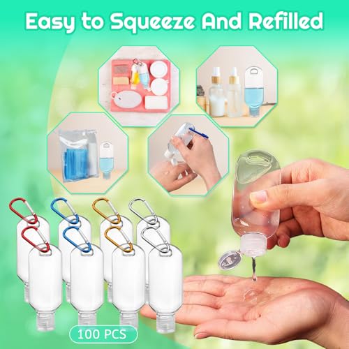 100PCS Value Hand Sanitizer Bottles with Keychains, 2OZ Travel Bottle With Clips, Portable Travel Size Bottle Squeeze Containers for Hand Sanitizer Holder with Lid - Leak Proof, Refillable