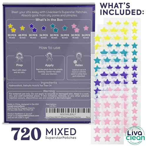 LivaClean 720 CT (3 Pack of 240) Superstar Pimple Patch for Face - Salicylic Acid & Tea Tree, Hydrocolloid Acne Patch, Pimple Patches Star Cute Zit Patches - 3 Sizes