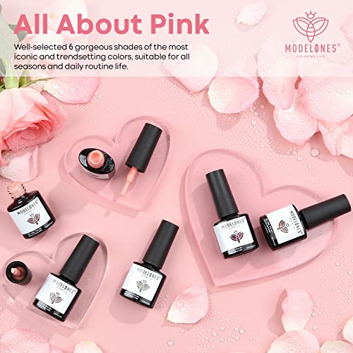 modelones Pink Gel Nail Polish Set, 6 Colors Light Soft Pink White Nude Pink Soak Off Summer Nail Art Gel Design Manicure Kit Salon DIY Home Gift for Women Girlfriend Girl