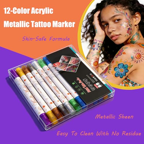 Temporary Tattoo Markers Set - 12 Colors with 81 Stencils