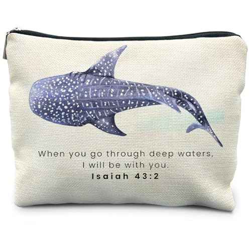 Whale Shark Christian Makeup Bag Pouch, Christian Shark Gifts for Women, Bible Verse Gifts Isaiah 43:2, When you go through deep waters I will be with you