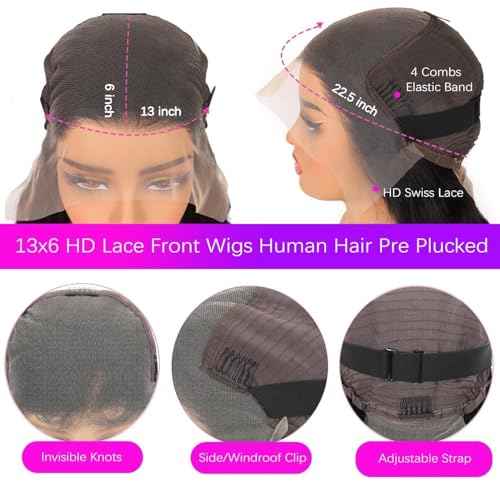 34 Inch 13x6 Deep Wave Lace Front Wigs Human Hair 10A 180% Density,HD Lace Frontal Wet and Wavy Curly Human Hair Wig for Black Women Pre Plucked with Baby Hair Natural Black
