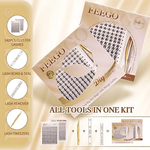 FEEGO Natural Lash Extension Kit 168Pcs Lash Clusters Kit Wispy Eyelash Extensions Individual Lashes Extensions with Bond and Seal Lash Glue and Eyelash Extension Tweezers DIY (MAGIC GIRL KIT - B)