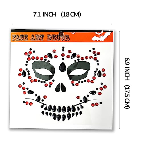 6-Pack Skull Face Gems Jewels,Day of the Death Halloween Temporary Face Tattoos Fake Face Jewelry