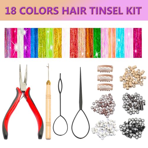 Hair Tinsel Kit, 18 Colors 7800 Strands with Tools