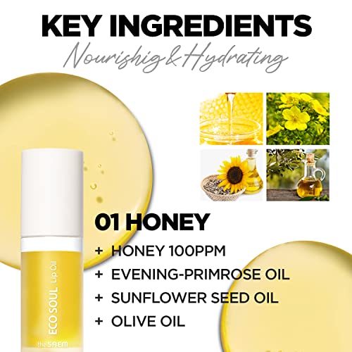 THESAEM Eco Soul Lip Oil 01 Honey - Plumping & Hydrating Lip Oil to Nourish & Moisturize Lips – Sunflower Seed Oil & Olive Oil - Lips Soft & Glossy for Dry Lips, 0.21 fl.oz.